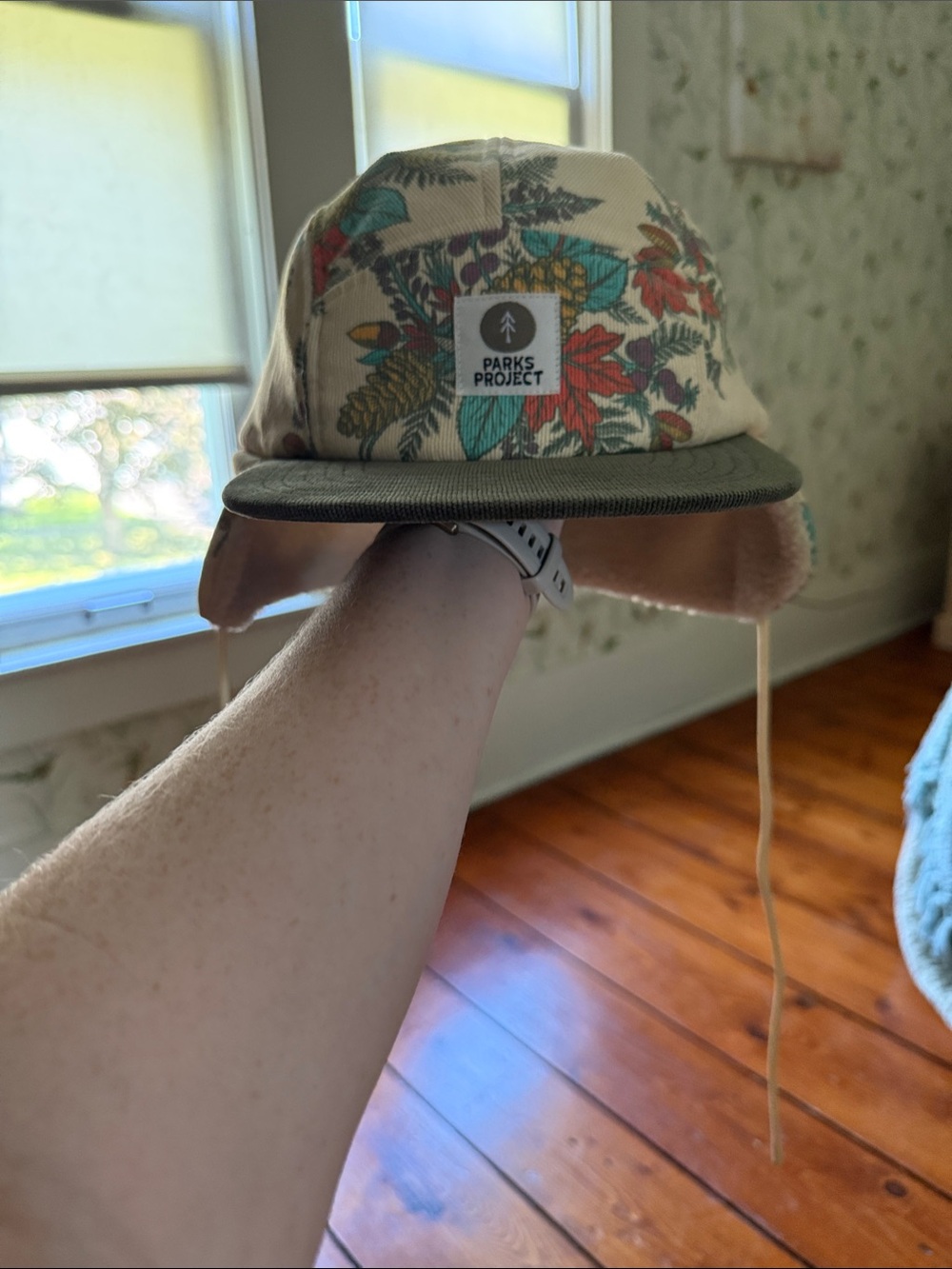 Parks Project Floral Earflap Cap in Beige, Green, Red and Teal